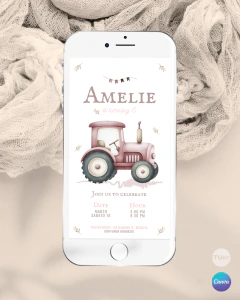 Invitación tractor rosa, texto editables canva, invitaciones tractores tukit - TuKit