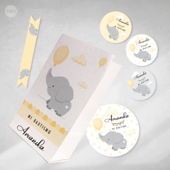 Kit imprimible elefante bebe gris amarillo candy bar tukit