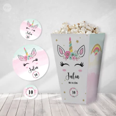 Kit imprimible unicornio acuarelas rosa verde amarillo candy bar tukit - TuKit