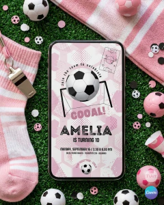 Plantilla de invitación, texto editable canva, camiseta de futbol, soccer party, trama tonos rosas - TuKit