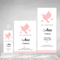 Estampita imprimible comunion bautismo paloma rosa tukit