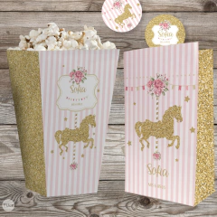 Kit imprimible carousel calesita glitter candy bar tukit, cumpleaños glitter dorado, calesita, carousel, carrousell, caballito dorado