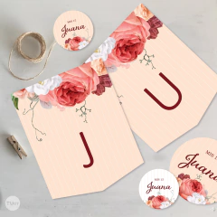 kit imprimible rosas acuarela, rositas de colores, flowers party bundle, party supplies