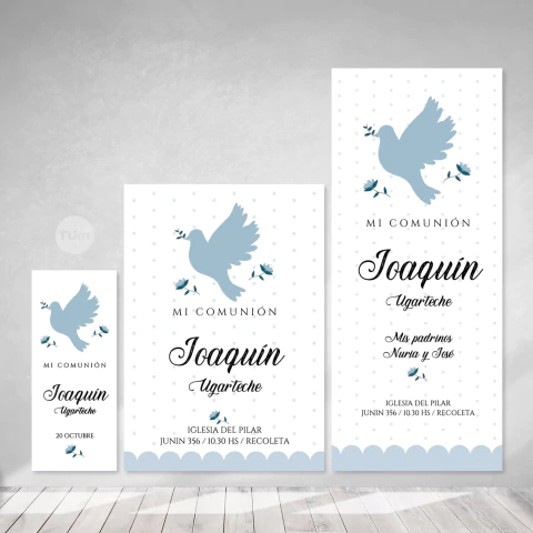 Estampita imprimible comunion bautismo paloma celeste tukit