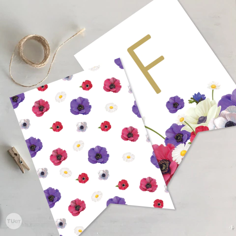 banderin imprimible, flores rojas, violetas, margaritas, cumpleaños, bienvenidas