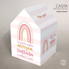 Casita decorativa golosinera imprimible arcoiris rosa souvenir tukit