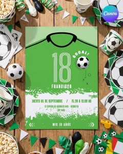 Plantilla de invitación, texto editable canva, camiseta de futbol, soccer party, tonos verdes en internet