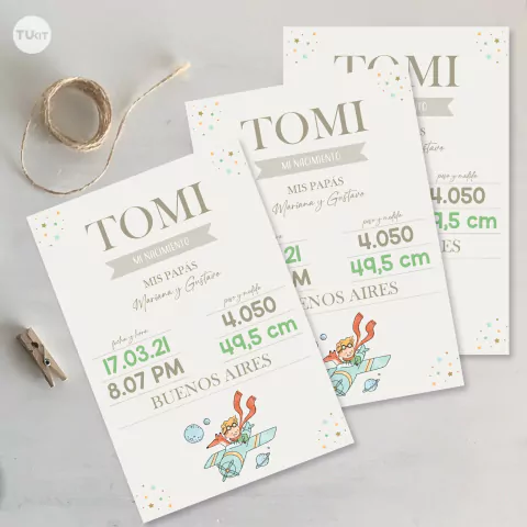Tarjeta nacimiento imprimible principito tukit