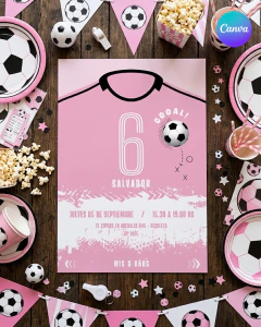 Plantilla de invitación, texto editable canva, camiseta de futbol, soccer party, tonos rosas - TuKit