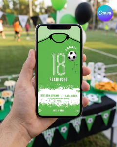 Plantilla de invitación, texto editable canva, camiseta de futbol, soccer party, tonos verdes - tienda online