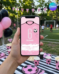 Plantilla de invitación, texto editable canva, camiseta de futbol, soccer party, tonos rosas en internet