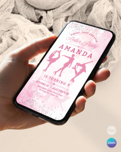 Invitación patinadoras rosa, invitaciones editables canva, roller party tukit - comprar online