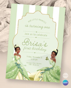 Plantilla de invitación, texto editable canva, princesa y el sapo, princess party, rayas tonos verdes marco dorado en internet