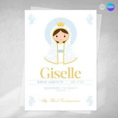 Invitación first communion, texto editable canva, comunion, virgencita celeste amarillo, invitation template - comprar online