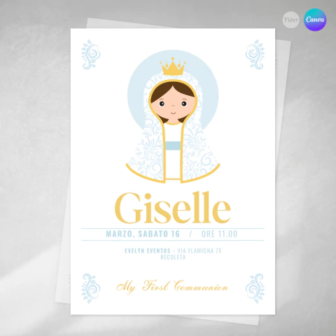 Invitación first communion, texto editable canva, comunion, virgencita celeste amarillo, invitation template - comprar online