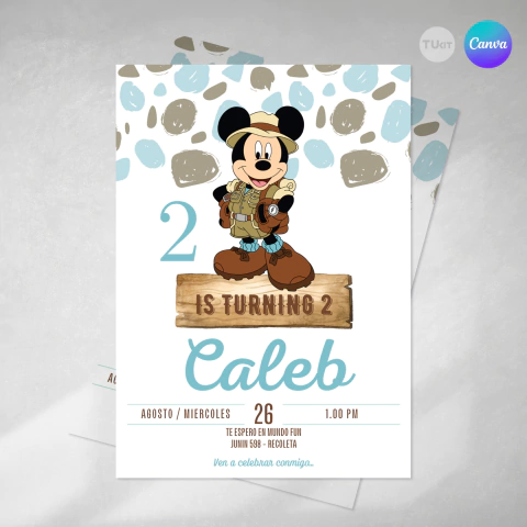 Invitacion editable mickey safari, invitaciones canva editable, cumple mickey, birthday mickey, invitation template