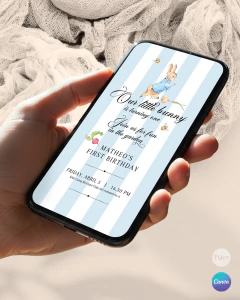 Invitación para cumple un año, texto editable canva, peter rabbit, rabbit party, conejo tukit - comprar online