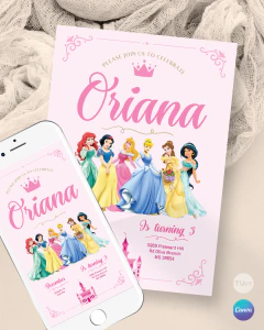 Plantilla de invitación, texto editable canva, varias princesas, princess party, tonos rosas