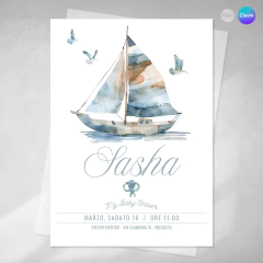 Invitación barco acuarela, invitaciones editables canva, ship party tukit - comprar online