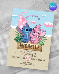 Invitacion editable, invitación stitch rosa, invitaciones canva editable, cumple stitch rosa, birthday stitch, invitation template - comprar online