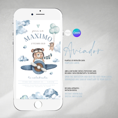 Invitación oso aviador, invitaciones editables canva, aviator bear party, osito aviador en internet