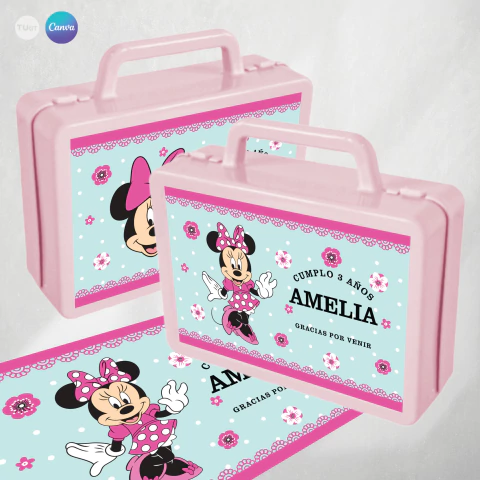 Etiqueta valijita imprimible, minnie rosa verde, printable label favor box tukit - comprar online