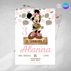 Invitacion editable minnie safari, invitaciones canva editable, cumple minnie, birthday minnie, invitation template