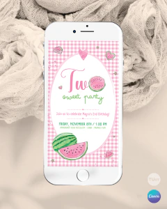 Plantilla de invitación, texto editable canva, sandias acuarela, watermelon party,, tonos rosas y verdes - TuKit