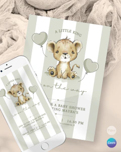 Invitación para baby shower, texto editable canva, leon bebe, lion party tukit