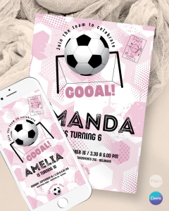 Plantilla de invitación, texto editable canva, camiseta de futbol, soccer party, trama tonos rosas