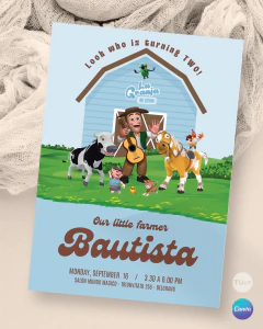 Invitacion animales de la granja zenon celeste texto editable canva tukit en internet