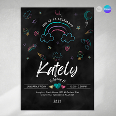 Invitación pizarra y tiza, invitaciones editables canva, chalkboard party, dibujos pizarrón - comprar online