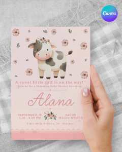 Invitacion editable, invitación vaca flores rosas, invitaciones canva editable, cumple vaquita, baby shower, invitation template