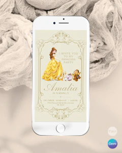 Invitación para cumple años, texto editable canva, princesa bella, princess party, marco dorado tukit - TuKit