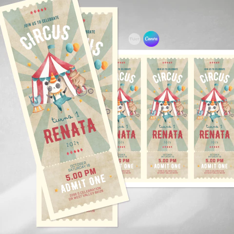 Invitación ticket circo acuarela, invitaciones editables canva, circus party, animales de circo tukit - comprar online