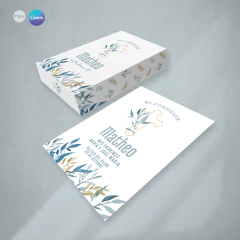 Estampita imprimible comunion, bautismo hojas azules, tarjeta y caja tukit - comprar online
