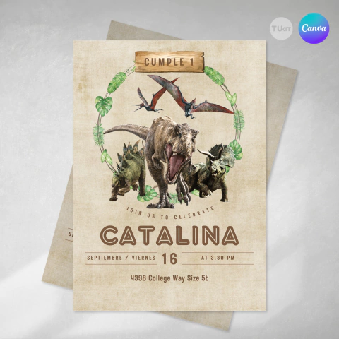Invitacion dinosaurios texto editable canva tukit