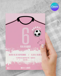 Plantilla de invitación, texto editable canva, camiseta de futbol, soccer party, tonos rosas