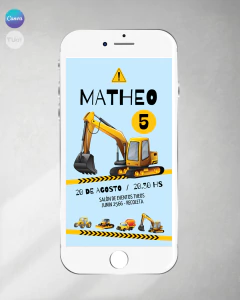Invitacion excavadoras, tractor amarillo texto editable canva cumples tukit - comprar online