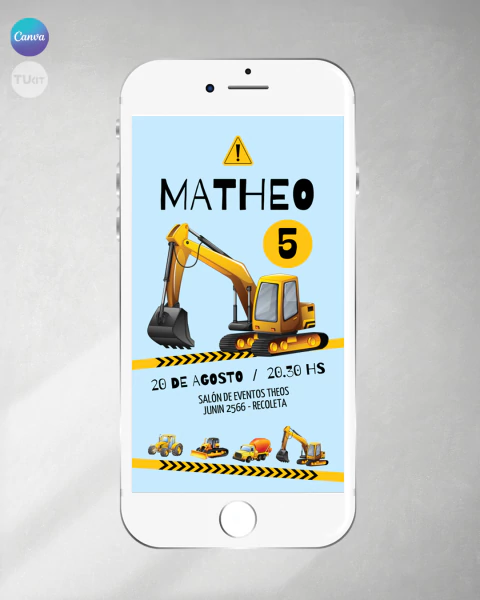 Invitacion excavadoras, tractor amarillo texto editable canva cumples tukit - comprar online