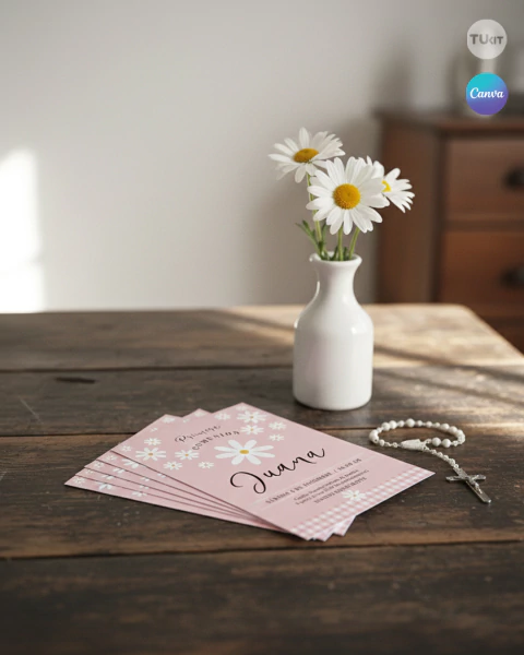 Estampita imprimible comunion bautismo margaritas vichy rosa tukit - comprar online