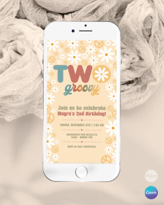 Invitación para cumpleaños , texto editable canva, two groovy, flower party retro en internet