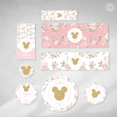 Kit imprimible minnie glitter dorado flores rosas tukit - comprar online