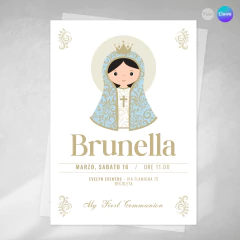 Invitación first communion, texto editable canva, comunion, virgencita celeste dorado, invitation template - comprar online
