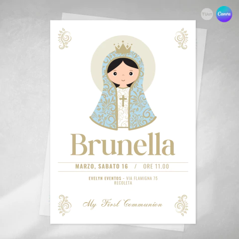 Invitación first communion, texto editable canva, comunion, virgencita celeste dorado, invitation template - comprar online