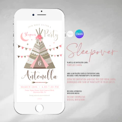 Invitacion pijamada rosa, texto editable canva, sleepover party tukit en internet