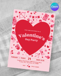 Invitación san valentín, invitaciones editables canva, Valentine's Day Party, dia de los enamorados, corazón - TuKit