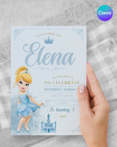 Plantilla de invitación, texto editable canva, princesa cenicienta, baby princess party, tonos celestes