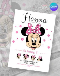 Plantilla de invitación, texto editable canva, minnie y flores, minnie party, fondo blanco, flores rosas - comprar online