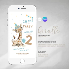 Invitación jirafa con bonete, texto editables canva, invitaciones giraffe tukit - comprar online